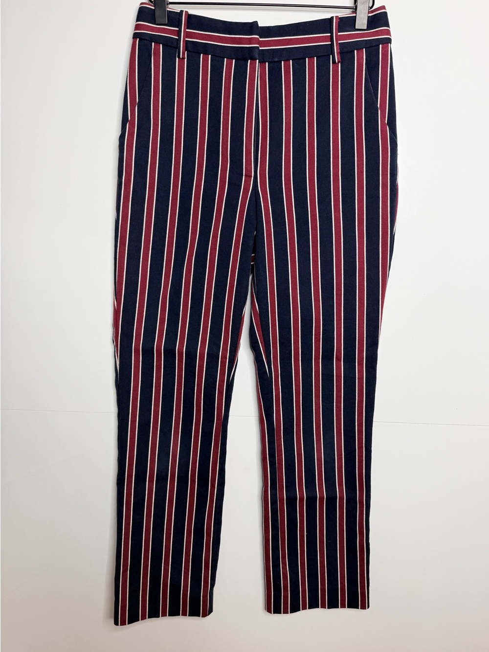 Frame Denim Navy, Burgundy & White Vertical Stripe Chinos